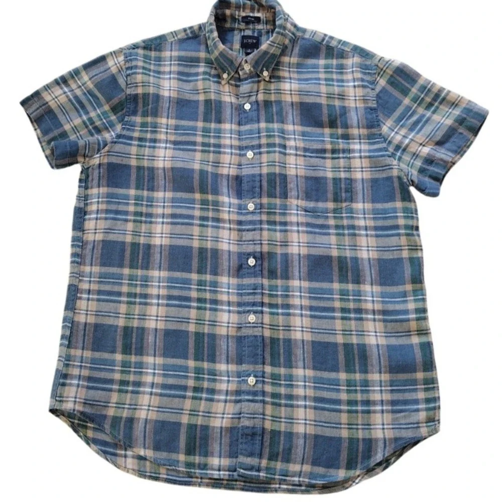 J. Crew Button Down Shirt Man L Green Blue Plaid Short Sleeve Linen Blend Slim